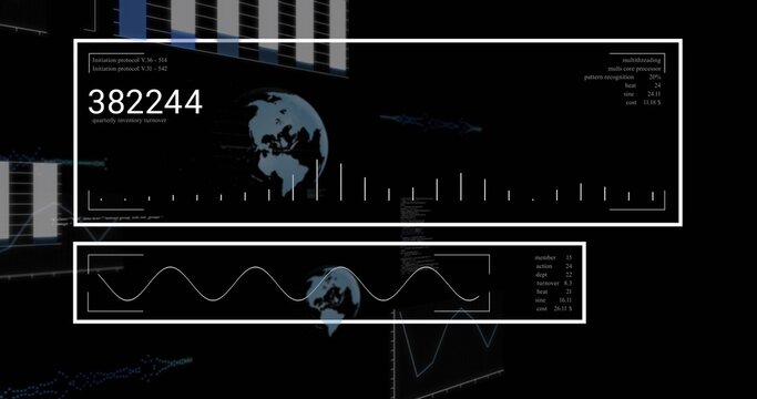 Displaying two white-framed data panels on dark dashboard, showing counter 382244, waveform, globes