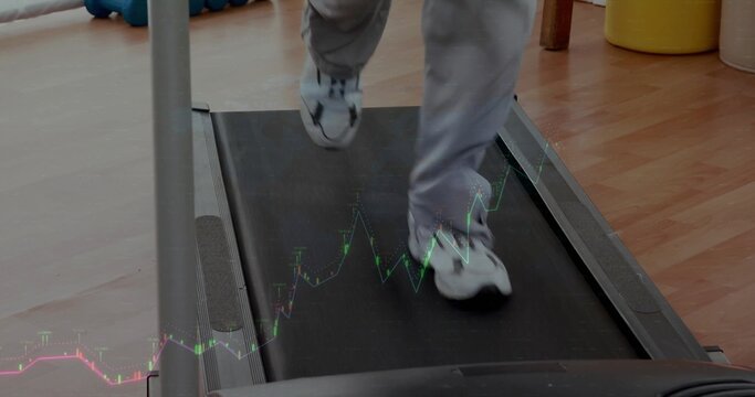Walking adult legs on motorized treadmill in home gym, with gray sweats white shoes chart overlay