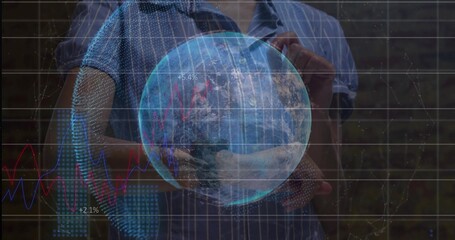 Fototapeta premium Showing adults in blue-white shirts at dark risers using holographic globe with +5