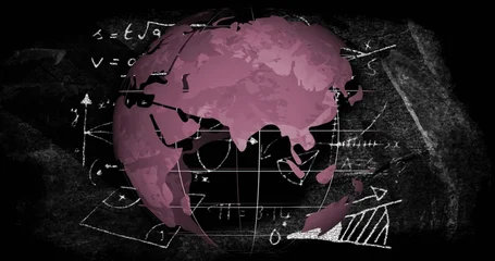 Fotobehang Azië Displaying magenta globe showing Asia and Australia on chalkboard, with grid and math diagrams  © vectorfusionart