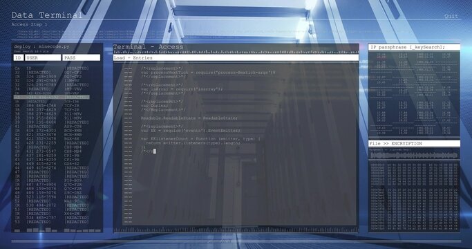 Displaying terminal overlay showing code editor, USER PASS panel, IP table, hex dump in server hall