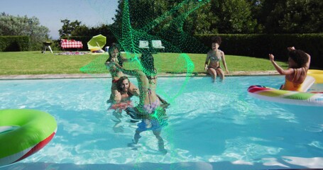 Splashing friends and family in swimsuits and playing in backyard pool, with green particle overlay