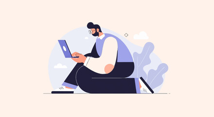 Obraz premium Person working on laptop with plants and clouds in background