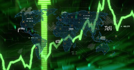 Naklejka premium Displaying digital world map and jagged green line crossing virtual dashboard, with hex clusters