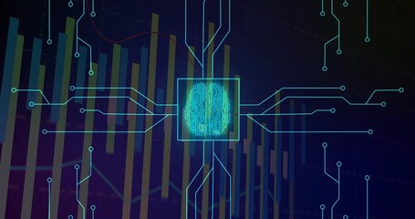 Fototapeta premium Glowing neural chip with brain-shaped circuit emitting neon traces on digital dashboard, bar charts