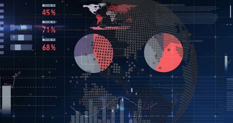 Displaying analytics UI showing dotted globe on navy panel, with pie charts, percent readouts