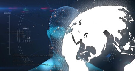 Showing translucent dotted head silhouette merging with large white globe on virtual HUD