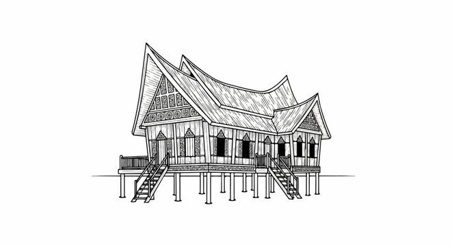 Stylized, black and white sketch of a traditional, stilted dwelling with ornate details