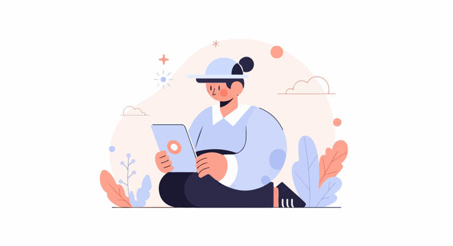 Person sitting cross-legged using a tablet computer with abstract shapes and plants