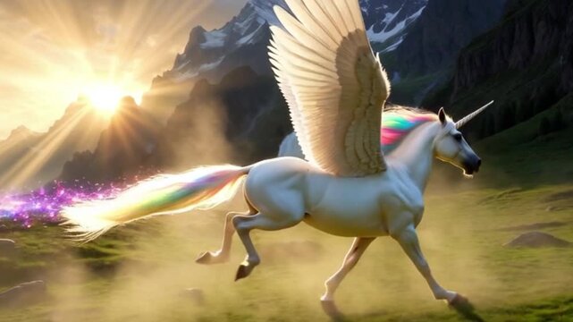 A majestic white pegasus with a flowing mane and tail gallops through the water, creating a mythical silhouette of a wild stallion in a stunning vector illustration unicorn
