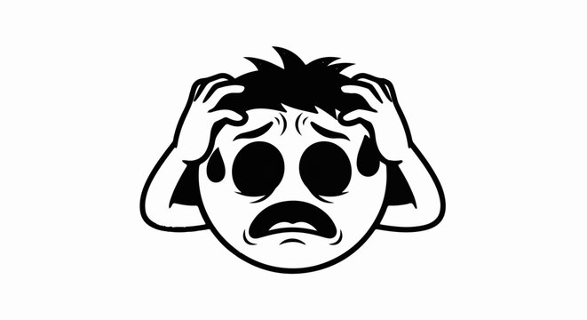 Stressed cartoon face with hands on head, wide eyes, and open mouth