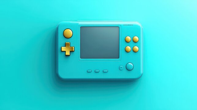 turquoise handheld gaming console with yellow buttons and small screen, playful nostalgic minimalist look
