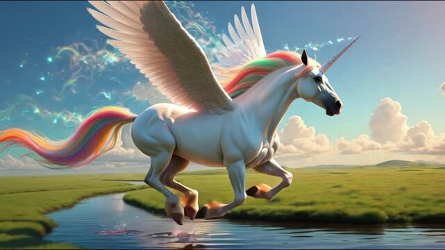 A majestic white pegasus with a flowing mane and tail gallops through the water, creating a mythical silhouette of a wild stallion in a stunning vector illustration unicorn