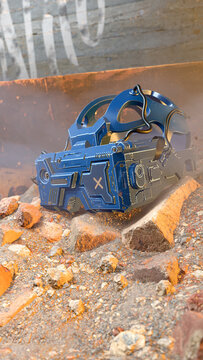 Futuristic VR Glasses in Ruins. Post-apocalyptic Concept. 3D illustration