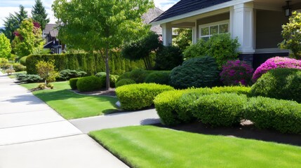 Beautifully Manicured Lawn With Decorative Shrubs and Colorful Plants