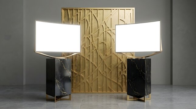 Curved Monitors Mockup on Black Marble with Gold Art Deco 3D Render