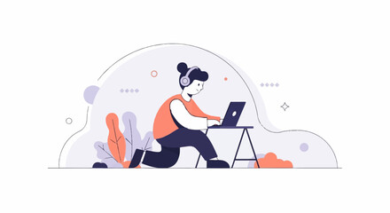 Obraz premium Person with headphones kneeling and using a laptop next to plants