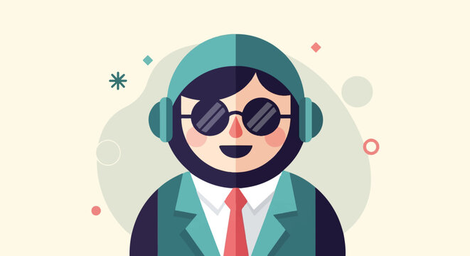 Stylish character with sunglasses and headphones, wearing a suit and tie