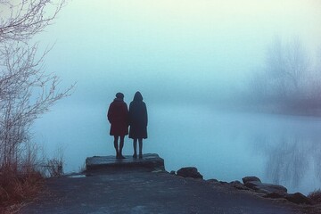 Naklejka premium two people in coats standing on a stone jetty by a foggy lake at dawn, contemplative and melancholic