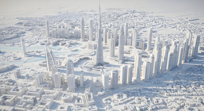 White 3d model of dubai city skyline with burj khalifa and modern skyscrapers on gray background
