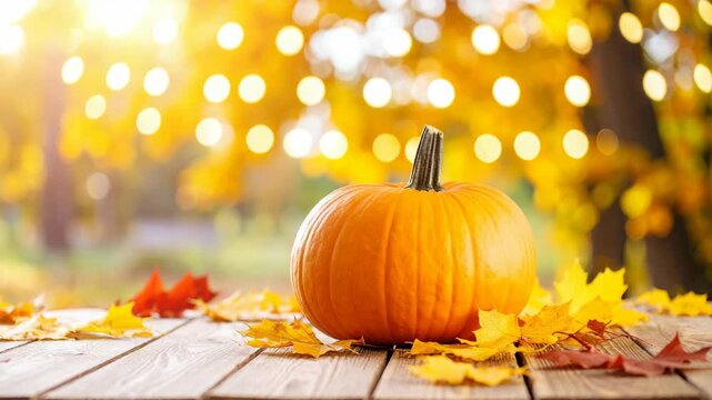 A single ripe orange pumpkin rests on a wooden table surrounded by vibrant autumn leaves and soft glowing lights