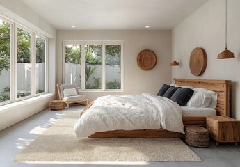 Fototapeta premium Tranquil sunlit bedroom with wooden platform bed, soft white linens and black pillows, woven rattan wall decor and pendant lights, cozy chair by large windows and beige rug