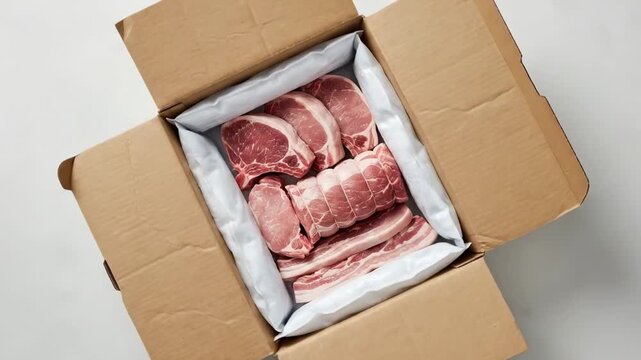 pork meat cuts - A neatly arranged selection of fresh cuts of pork, including chops, a rolled roast, and belly strips, all packaged in a cardboard box with protective lining