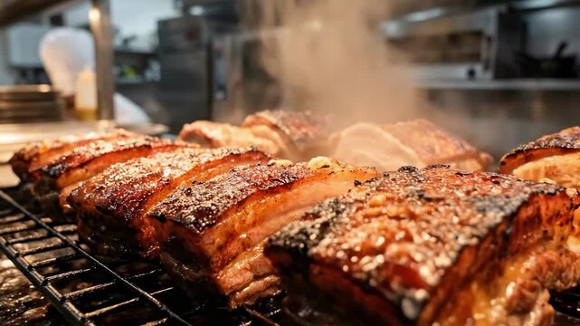 pork meat cuts - Juicy cuts of meat sizzling on a grill in a professional kitchen, with steam rising and a chef in the background, creating a mouthwatering atmosphere