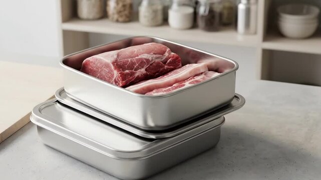 pork meat cuts - A stack of stainless steel containers holding raw meat cuts, placed on a counter, surrounded by a well-organized kitchen atmosphere with various pantry items in the background