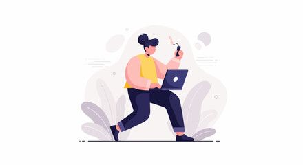 Fototapeta premium Person with bun hairstyle, yellow shirt, dark pants, uses laptop & phone