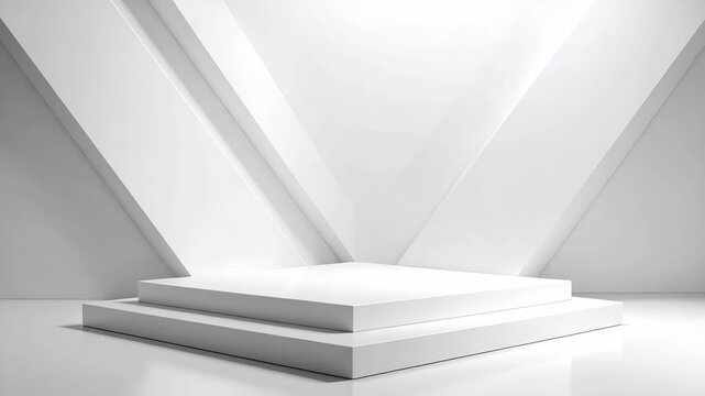 Minimalist white stage with geometric backdrop and tiered platform