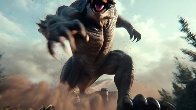 A mysterious creature horrible dinasours destryoing city in anger mood gaint big lizard