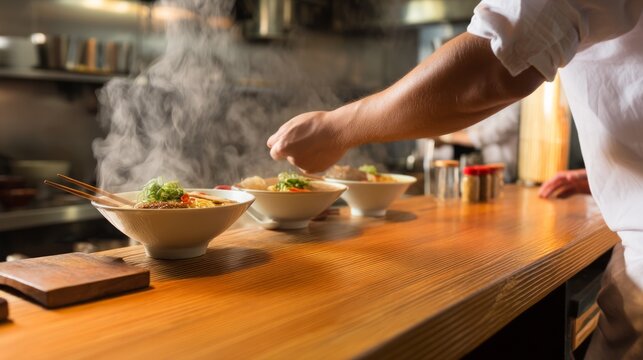 Chef Placing Steaming Bowls of Ramen on a Wooden Counter in a Restaurant Kitchen