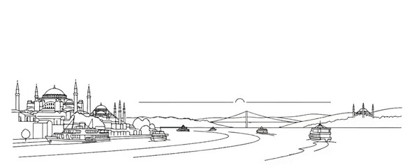 Obraz premium Sketch of a city skyline with domes, minarets, bridges, and boats on water