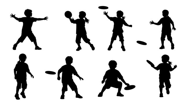 Children Silhouettes Playing with Frisbee and Ball, Outdoor Activities