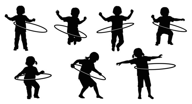 Children Silhouettes Playing with Hula Hoops: Dynamic Poses of Fun and Activity