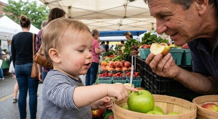 Fototapeta premium Toddler boy pointing at green apples while shopping with grandfather at local outdoor farmers market stall.