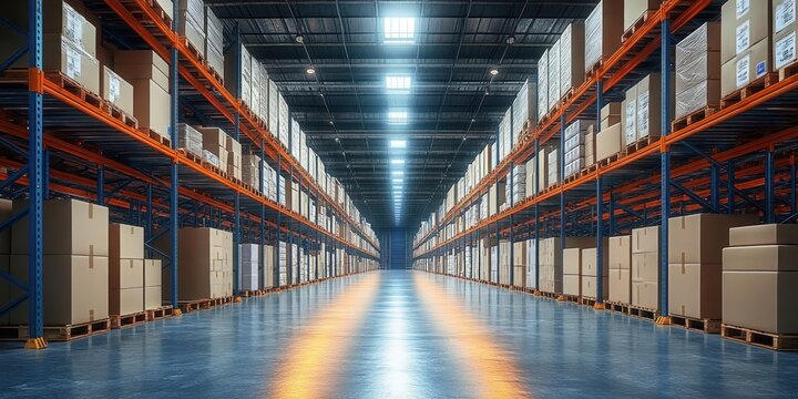 spacious symmetrical warehouse aisle with tall pallet racking, stacked cardboard boxes on shelves, polished reflective floor and bright overhead lights conveying order and efficiency