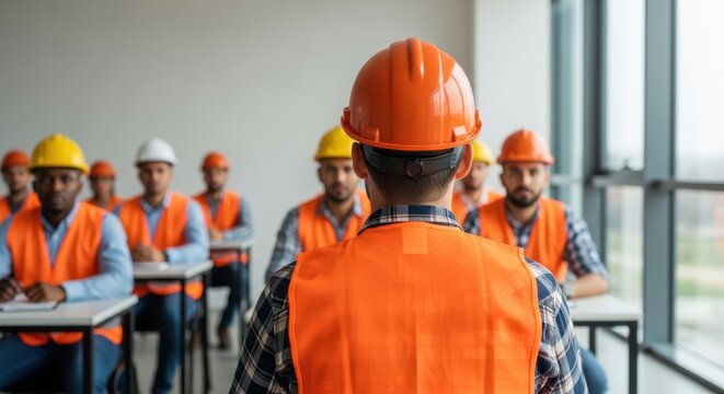 Construction workers in hard hats and reflective vests attending a workplace safety training seminar in a bright classroom