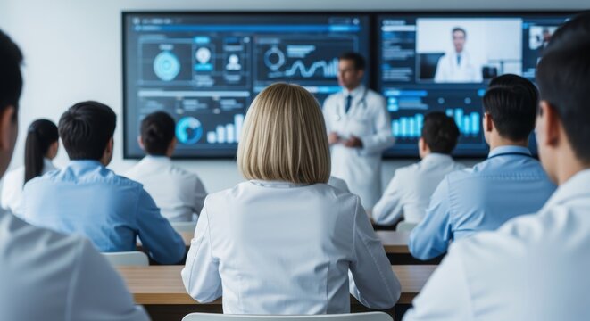  Doctors and medical students in white coats attending a healthcare conference in a hospital lecture hall. View from behind with blurred presentation screen. Medical education and training concept.