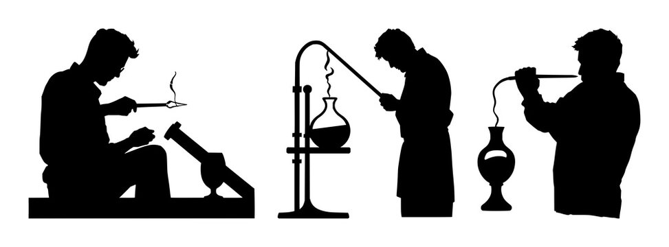 Glassblower silhouette set with solid black outline and blowpipe shaping molten glass featuring glassblowing, artisan work, molten glass with fire and furnace