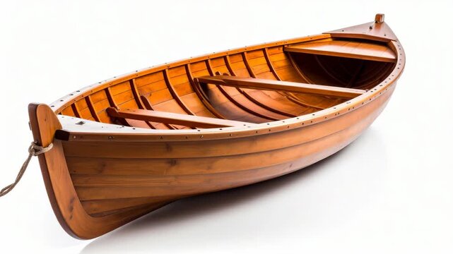 Classic wooden rowboat with oars resting inside on a white background