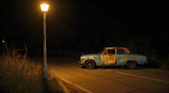 Night scene old street light illuminates rusty blue car on cracked road, with tall grass