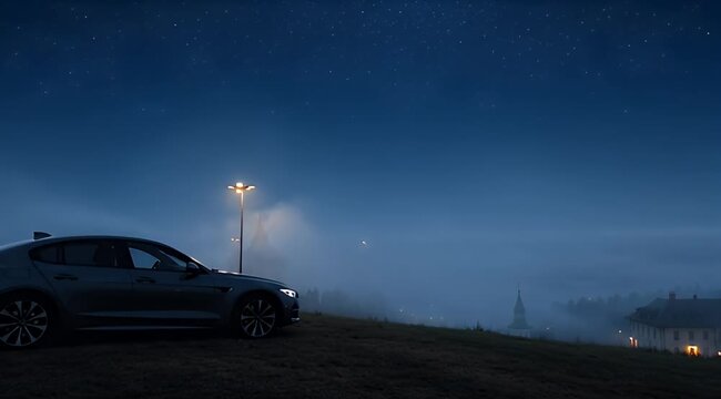 Sleek car on a hill overlooking a mystical, foggy village under a starry night sky