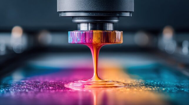 Abstract view of a colorful liquid being poured from a machine