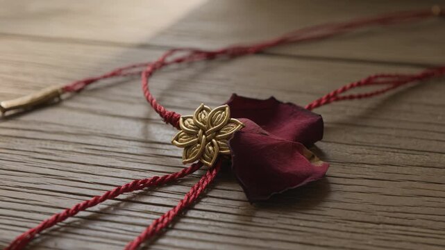 Close up of a Gold Flower Charm Red Thread Bracelet With Red Rose Petals on Wood