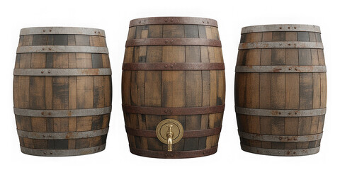 Fototapeta premium Collection of Vintage Wooden Barrels with Metal Bands and Spigot. isolated on transparent background