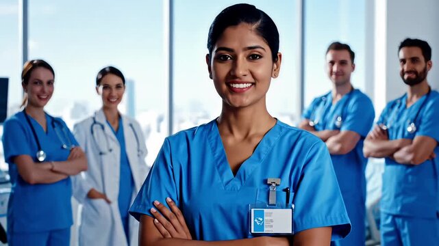 Healthcare nurse leadership concept showing confident medical professional standing with hospital team representing dedication service and international nurses day appreciation animated motion video 