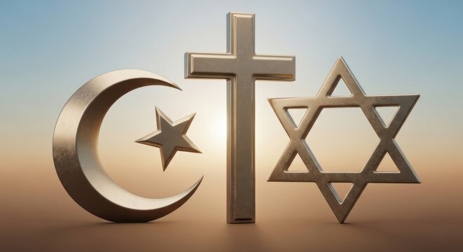 Symbols of Abrahamic Religions - Crescent, Cross, and Star of David.