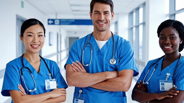 Nurse team standing with doctor in modern hospital corridor showing healthcare professionalism and caregiver dedication celebrating international nurses day concept medical animated background video
